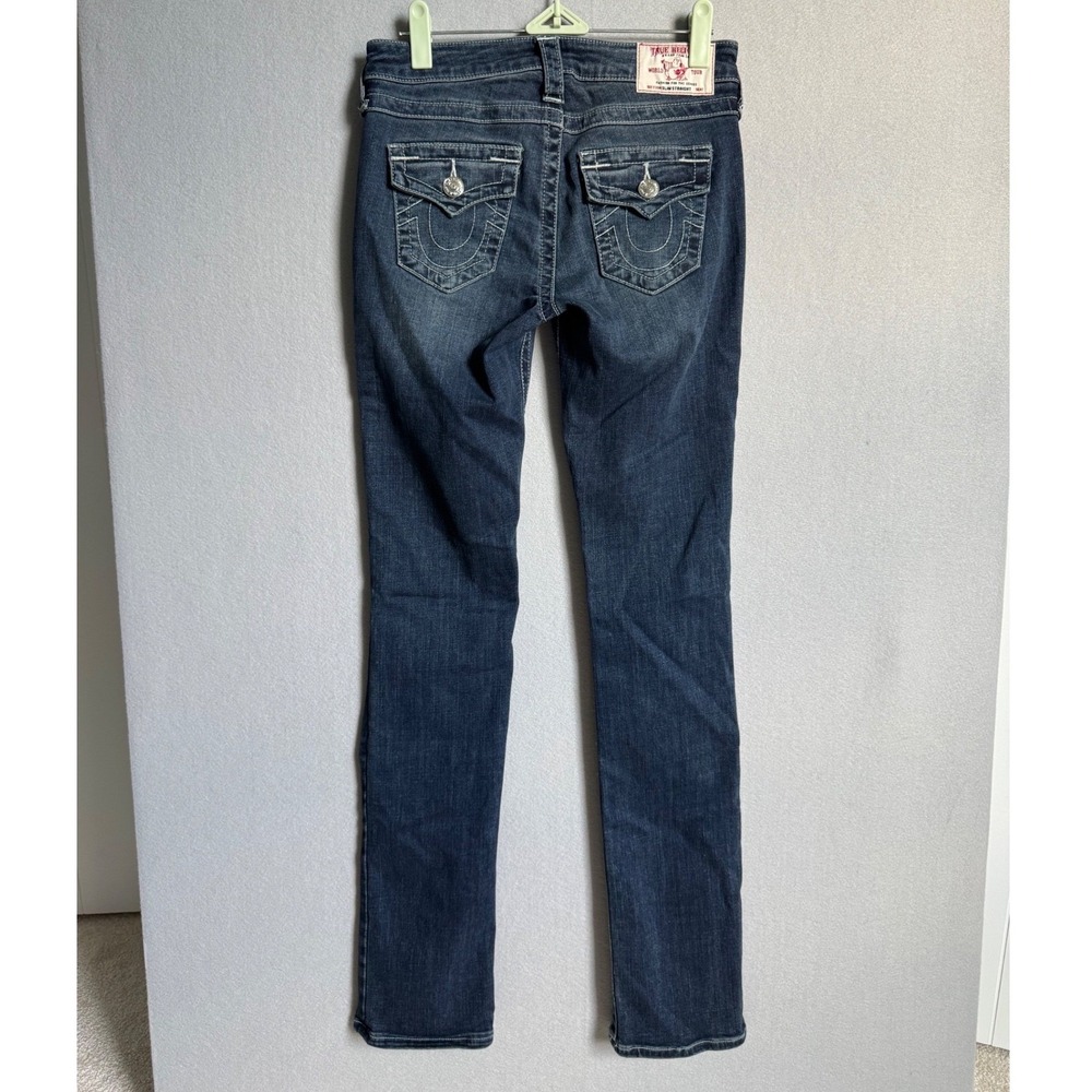 True Religion Slim Straight Jeans Women 26x32 Strech Flap Low Rise Dark Wash 90s